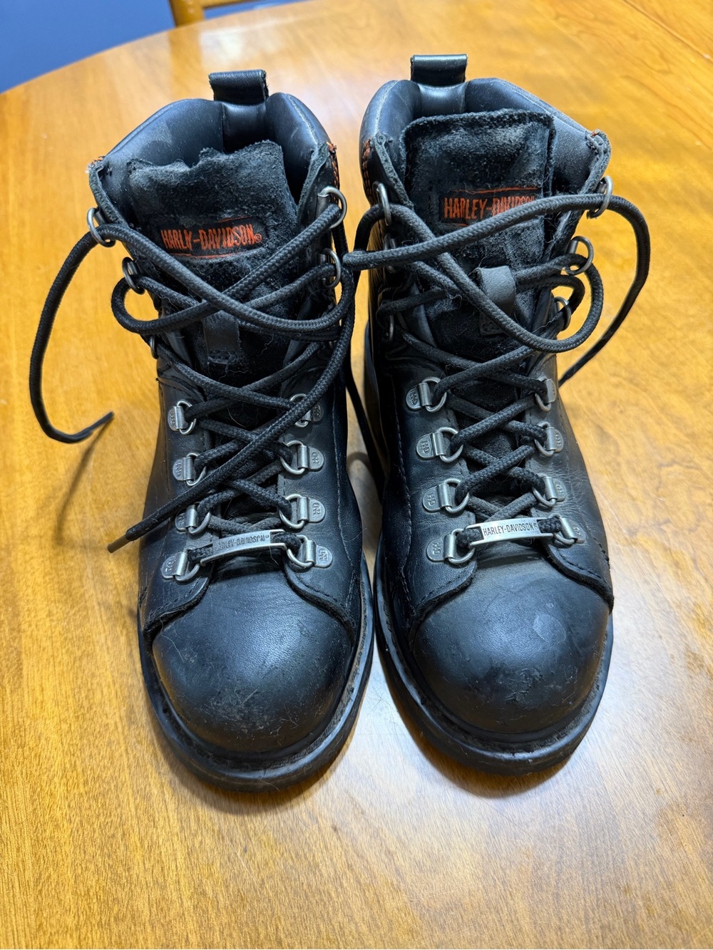 Harley-Davidson Kids Black Leather Lace-Up Hiking Boots with Orange Logo